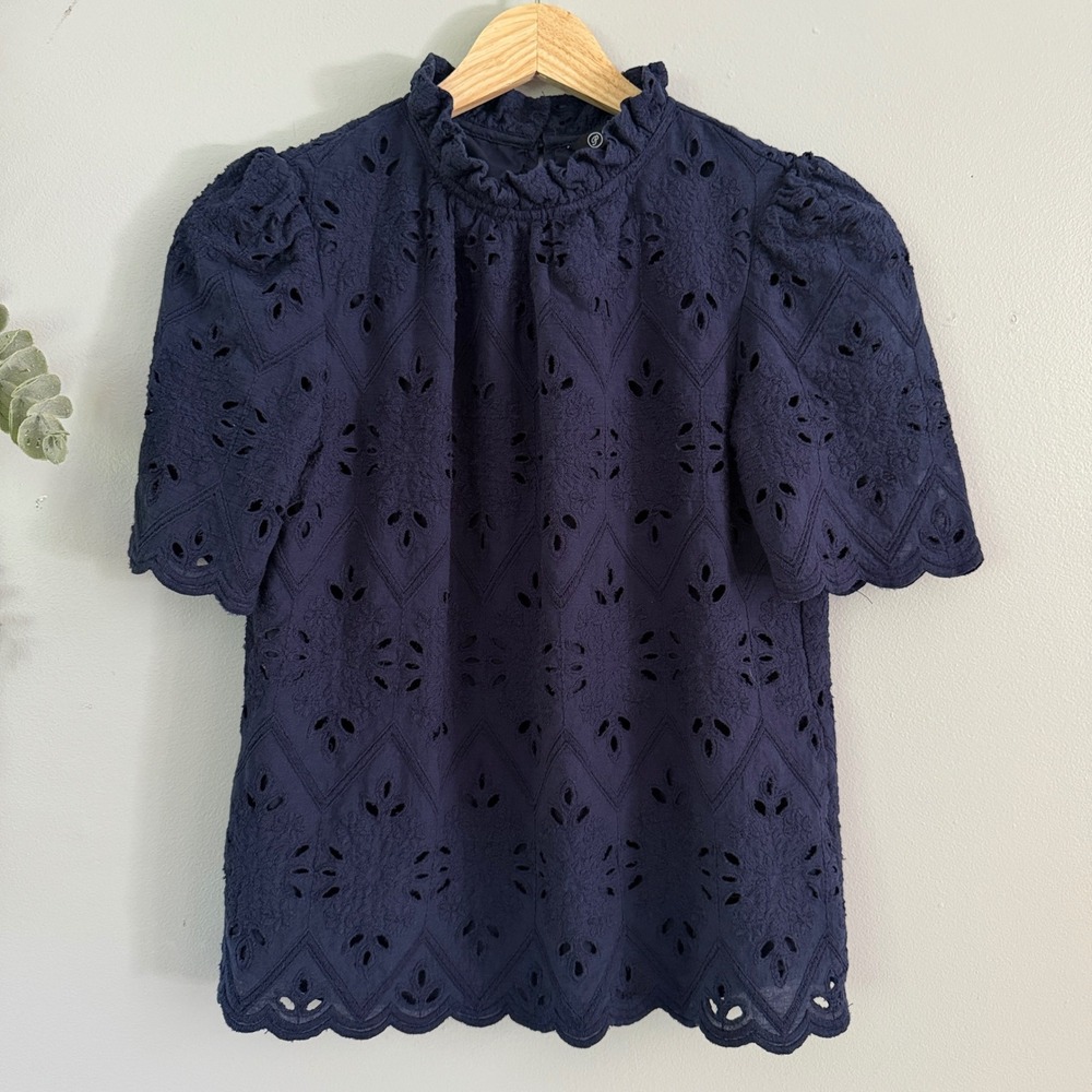 PrettyGarden Blouse Navy Blue Fairy Garden Eyelet Lace Ruffle Puff Sleeve Hippie